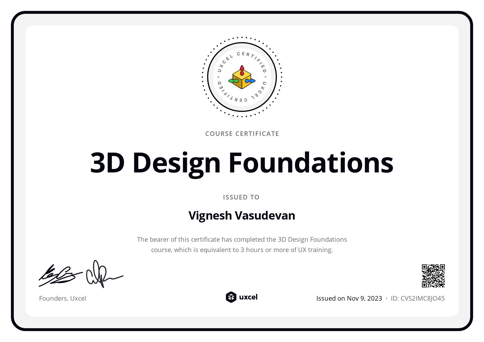 Vignesh Vasudevan's certificate